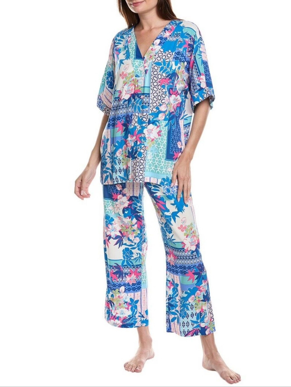NATORI Women Odessa Pajama Set Vibrant Blue Floral Two-Piece Lounge Set NWT